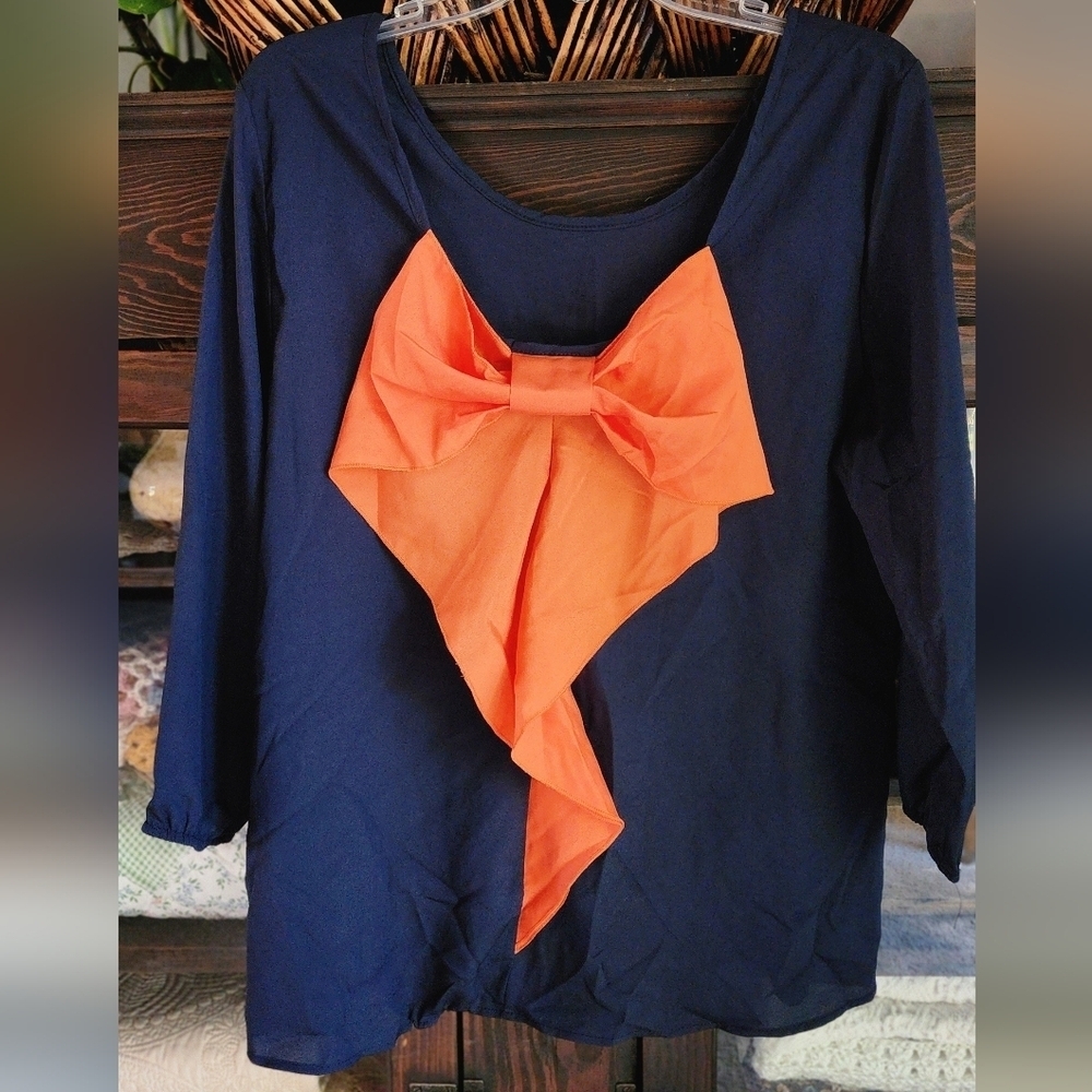 Newbury Kustom Navy Blouse with Orange Bow